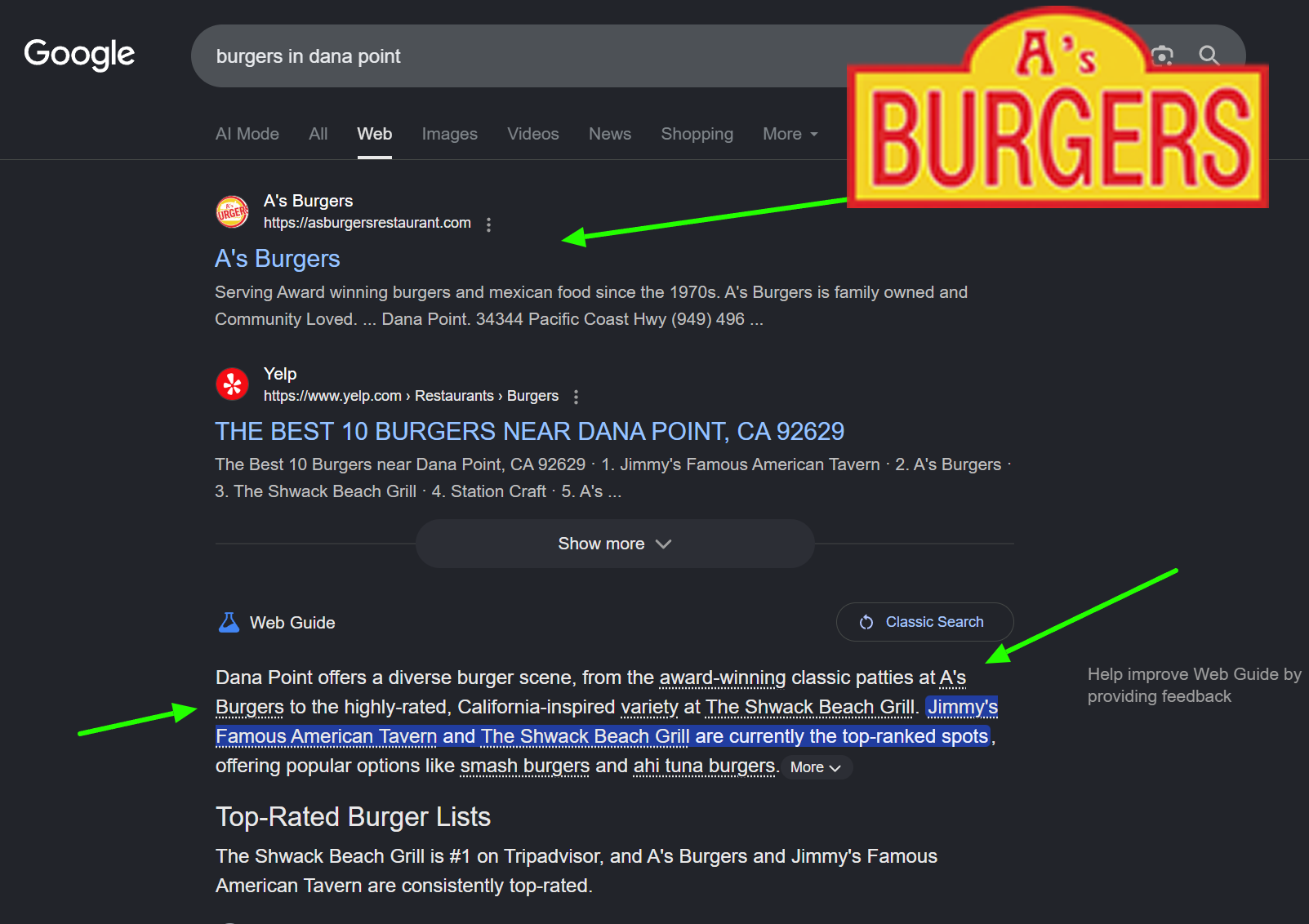 A's Burgers dominating search and AI results in Dana Point