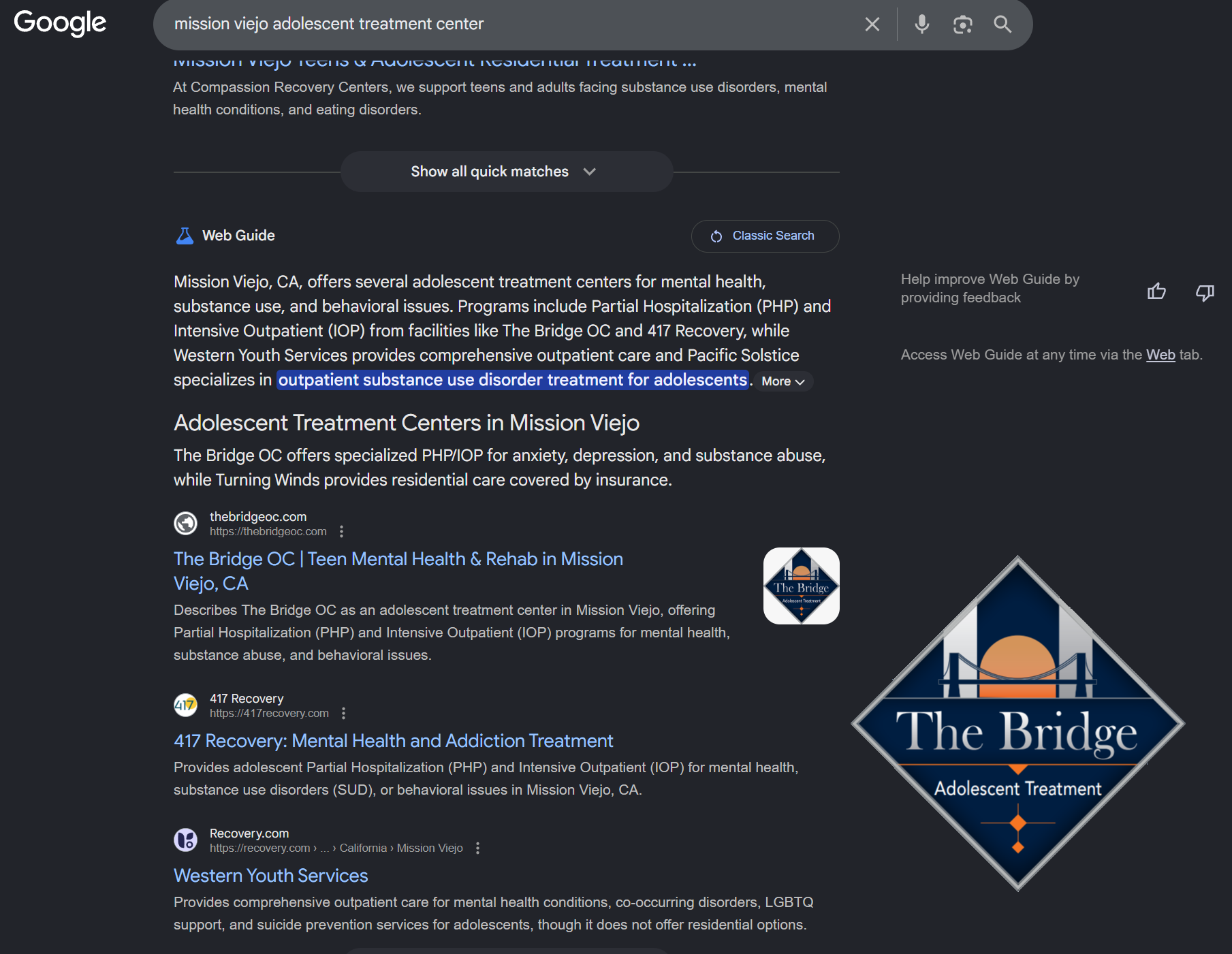 Google Web Guide features The Bridge OC prominently