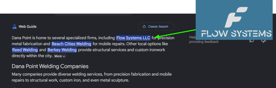 Flow Systems LLC featured in Google Web Guide for welding