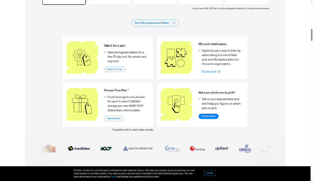 Zoho Mail pricing page showing the Forever Free Plan with its Sign Up Now button