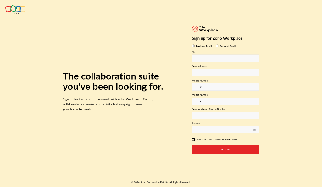 Sign up for Zoho Workplace form with the Business Email option selected above the name, email, mobile number, and password fields