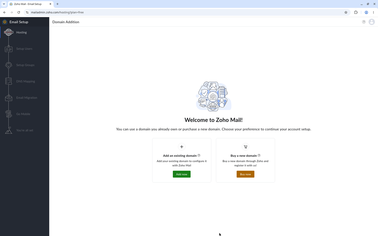 Welcome to Zoho Mail screen with Add an existing domain and Buy a new domain options