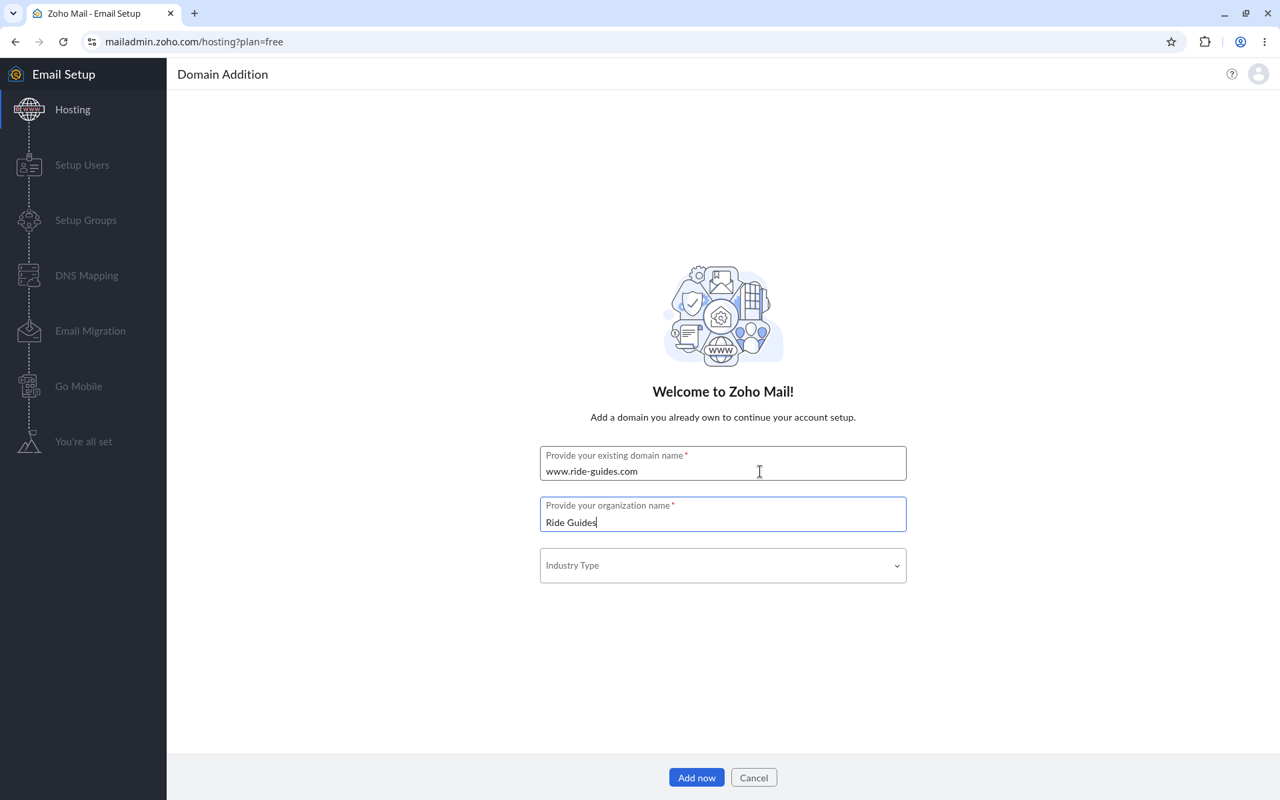 Zoho form for entering the domain name ride-guides.com and the organization name