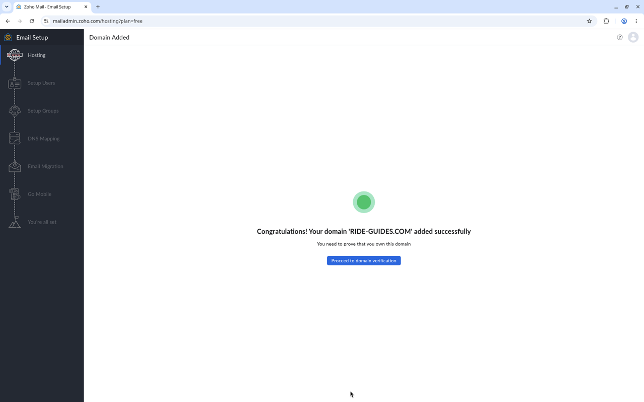 Zoho confirmation that the domain was added to the organization