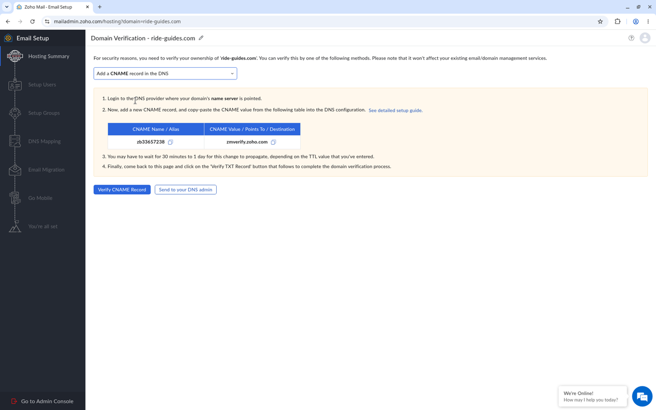 Zoho Domain Verification page with the CNAME option selected, showing the zb code host and zmverify.zoho.com target