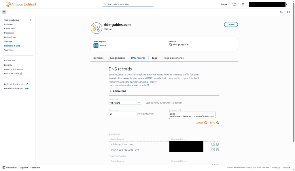 Example DNS manager form adding a TXT record named @ with the zoho-verification value