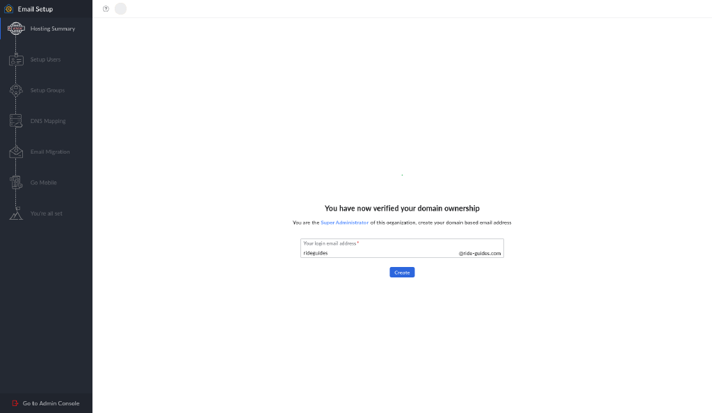 Account Creation screen saying You have now verified your domain ownership, with a login email address field prefilled for ride-guides.com