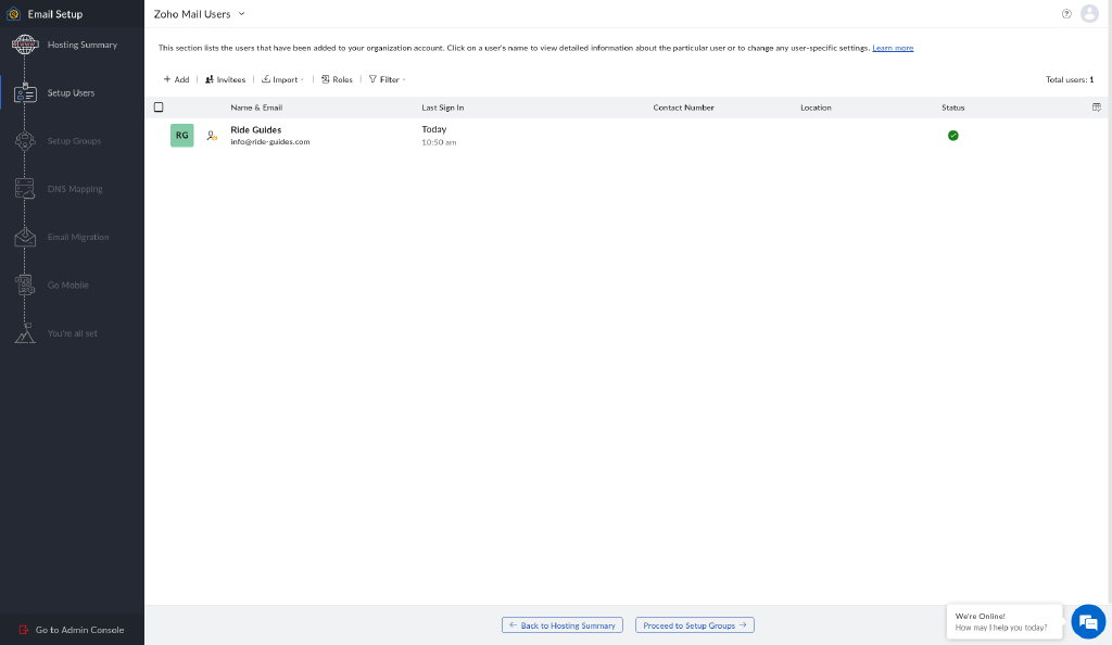 Zoho Mail Users list in Setup Users showing the new info@ride-guides.com mailbox and a Proceed to Setup Groups button