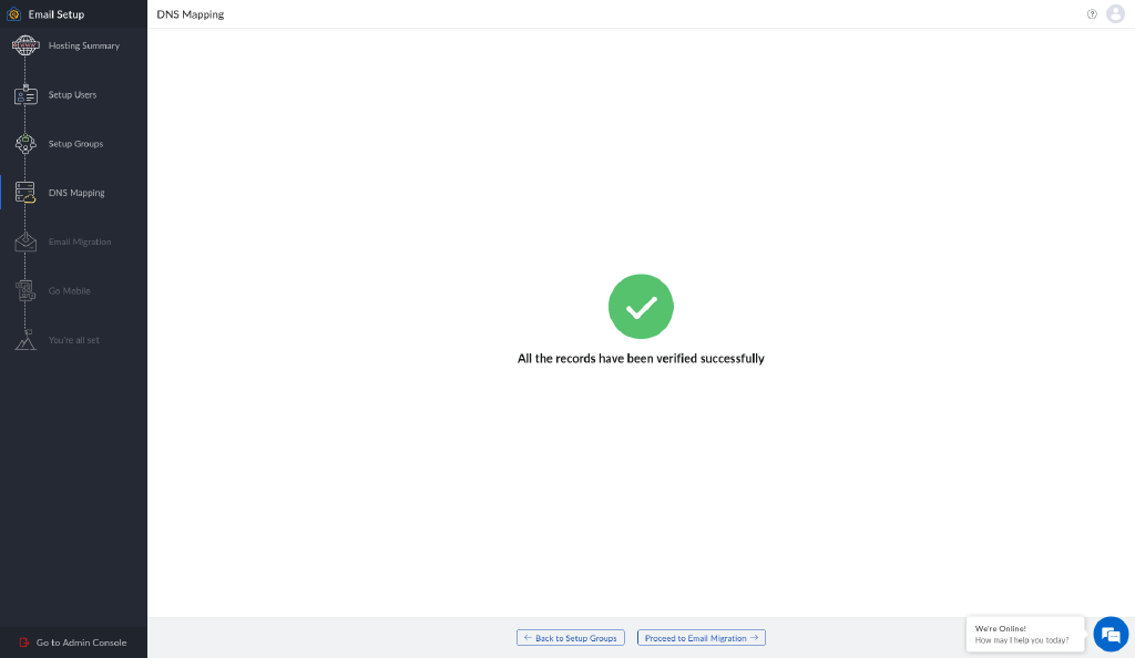 Zoho DNS Mapping page with a green check mark and the message All the records have been verified successfully